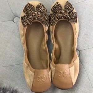 Tory Burch crystal bow linen Eddie flat
